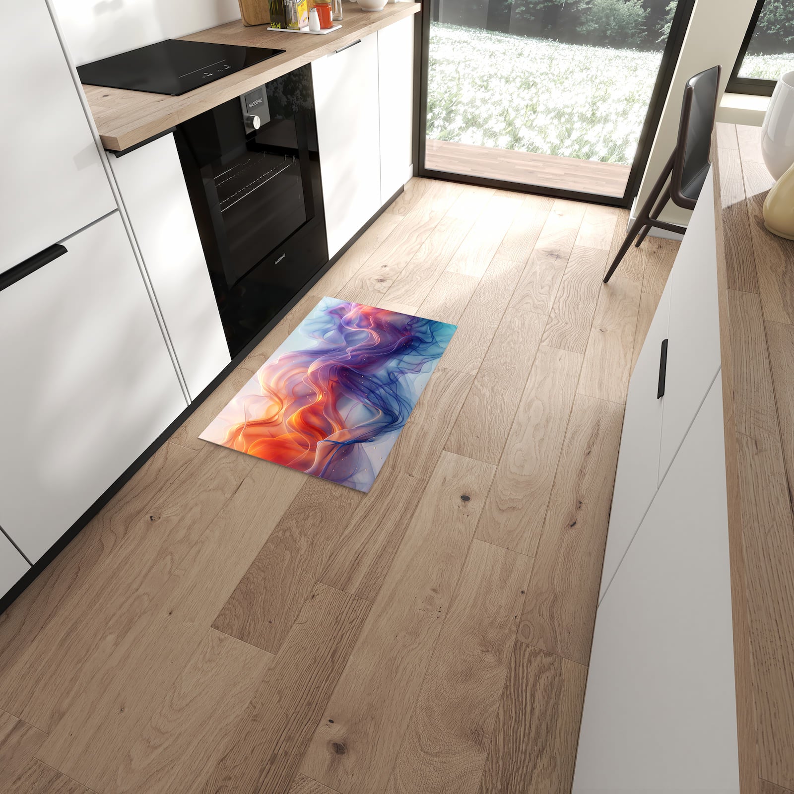 Abwaschbarer Küchenläufer mit Motiv Farbwirbel in moderner Küche