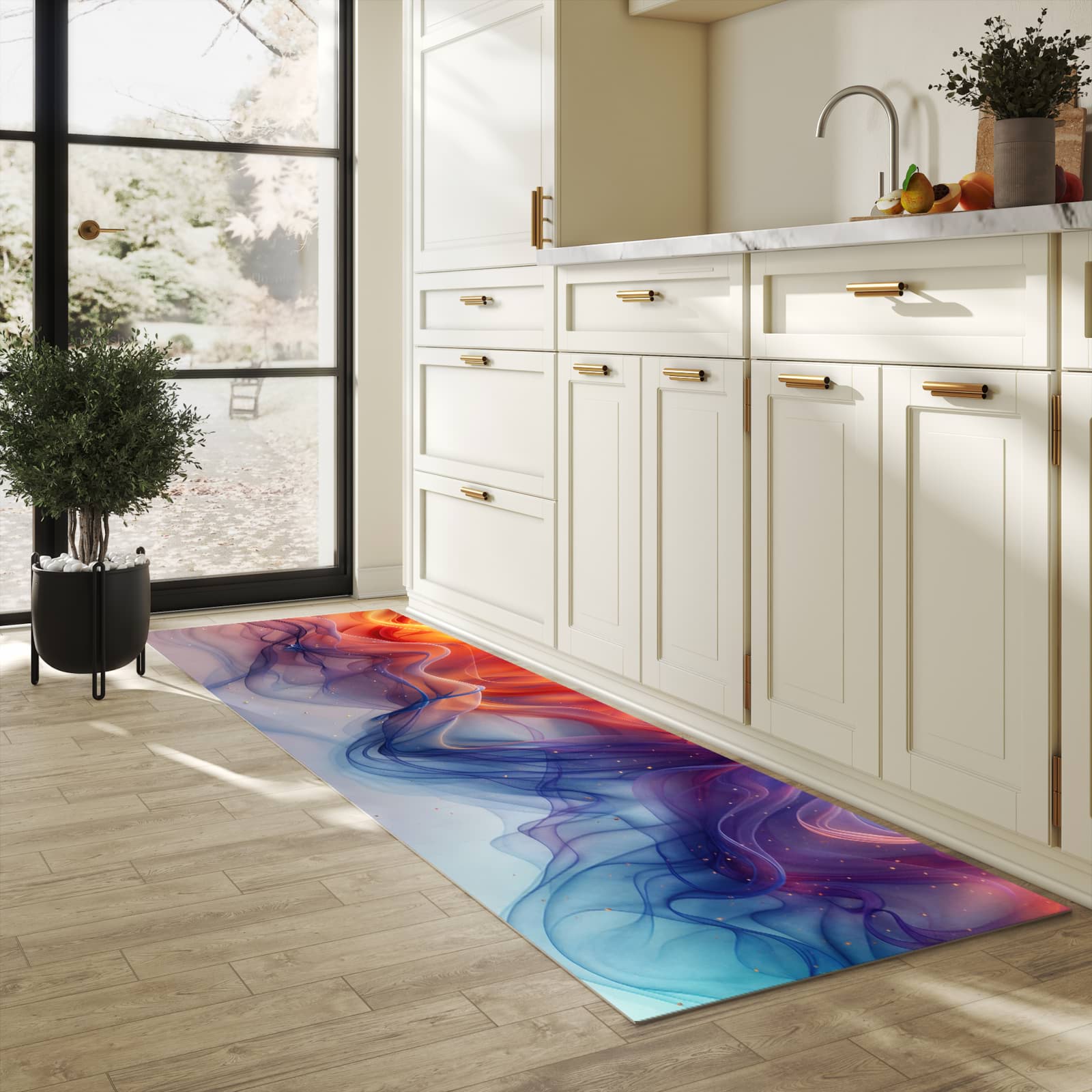 Küchenteppich mit Motiv Farbwirbel für Ordnung & Übersicht in heller Küche