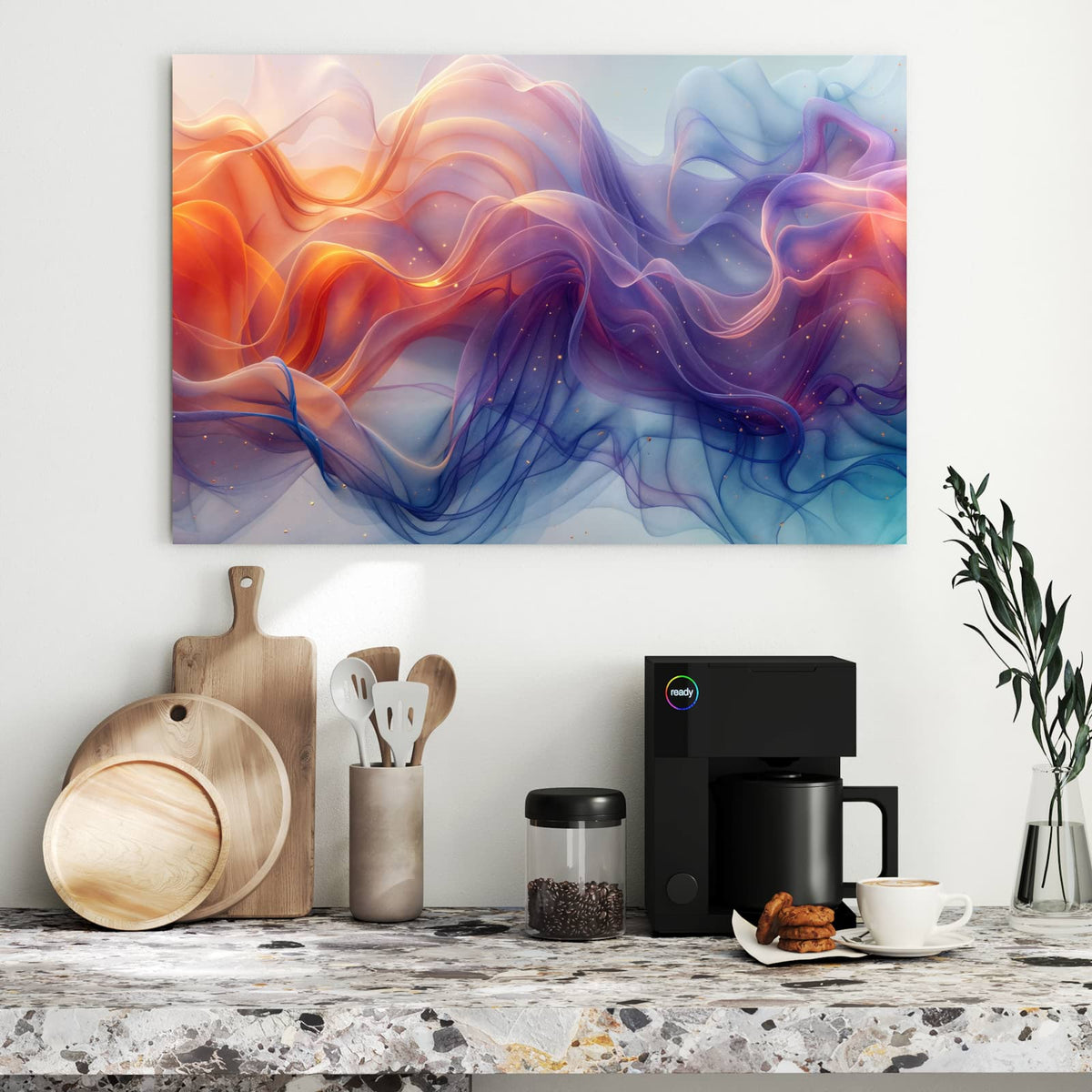 transparente, geschwungene Bänder in Orange, Violett und Blau mit Goldpunkten