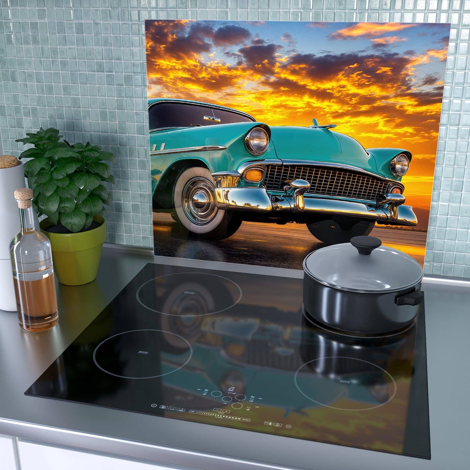 1-teilige Ceranfeldabdeckung mit Retro Oldtimer-Motiv als Spritzschutz hinter dem Kochfeld