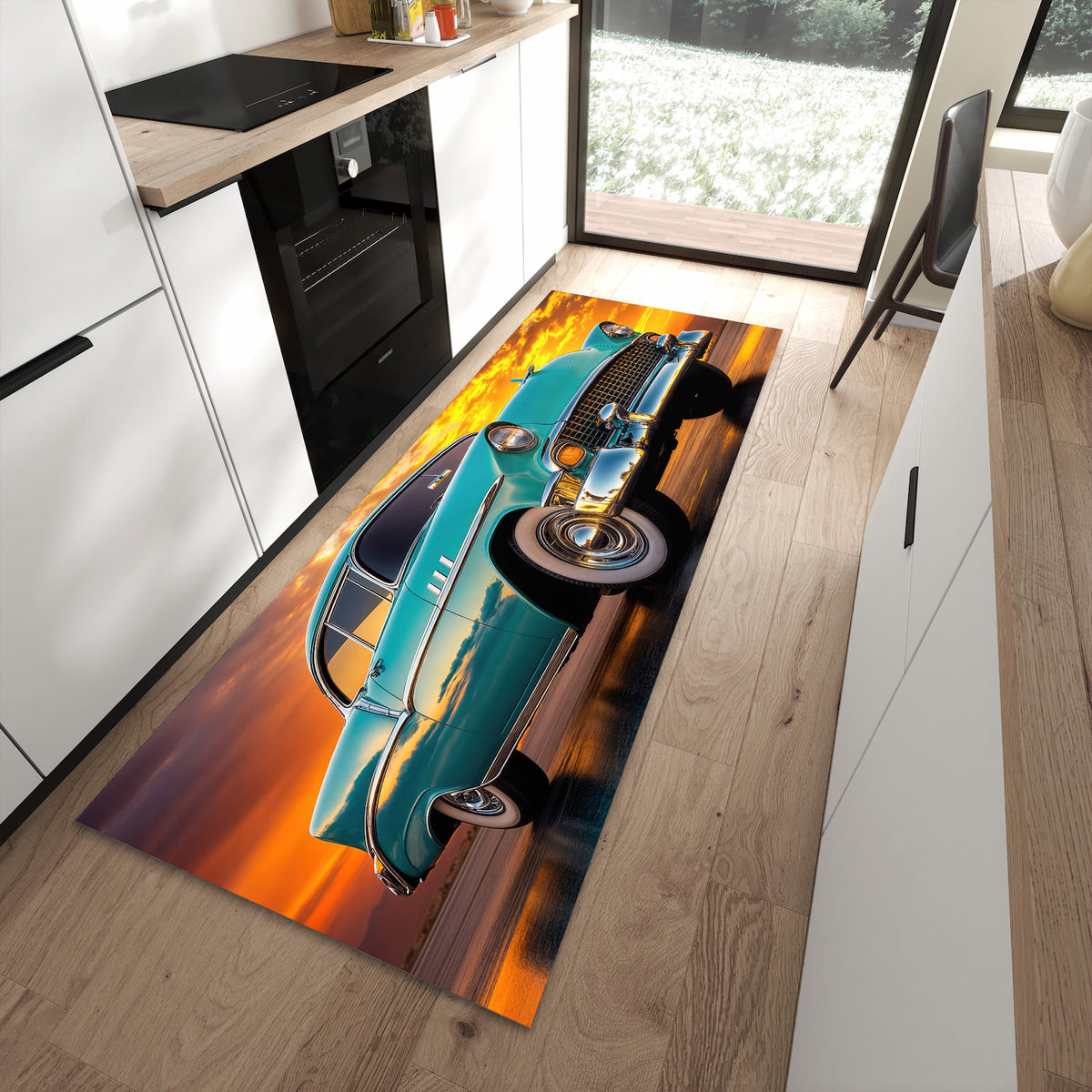 Rutschfester Küchenläufer mit Motiv Retro Oldtimer in moderner Küche
