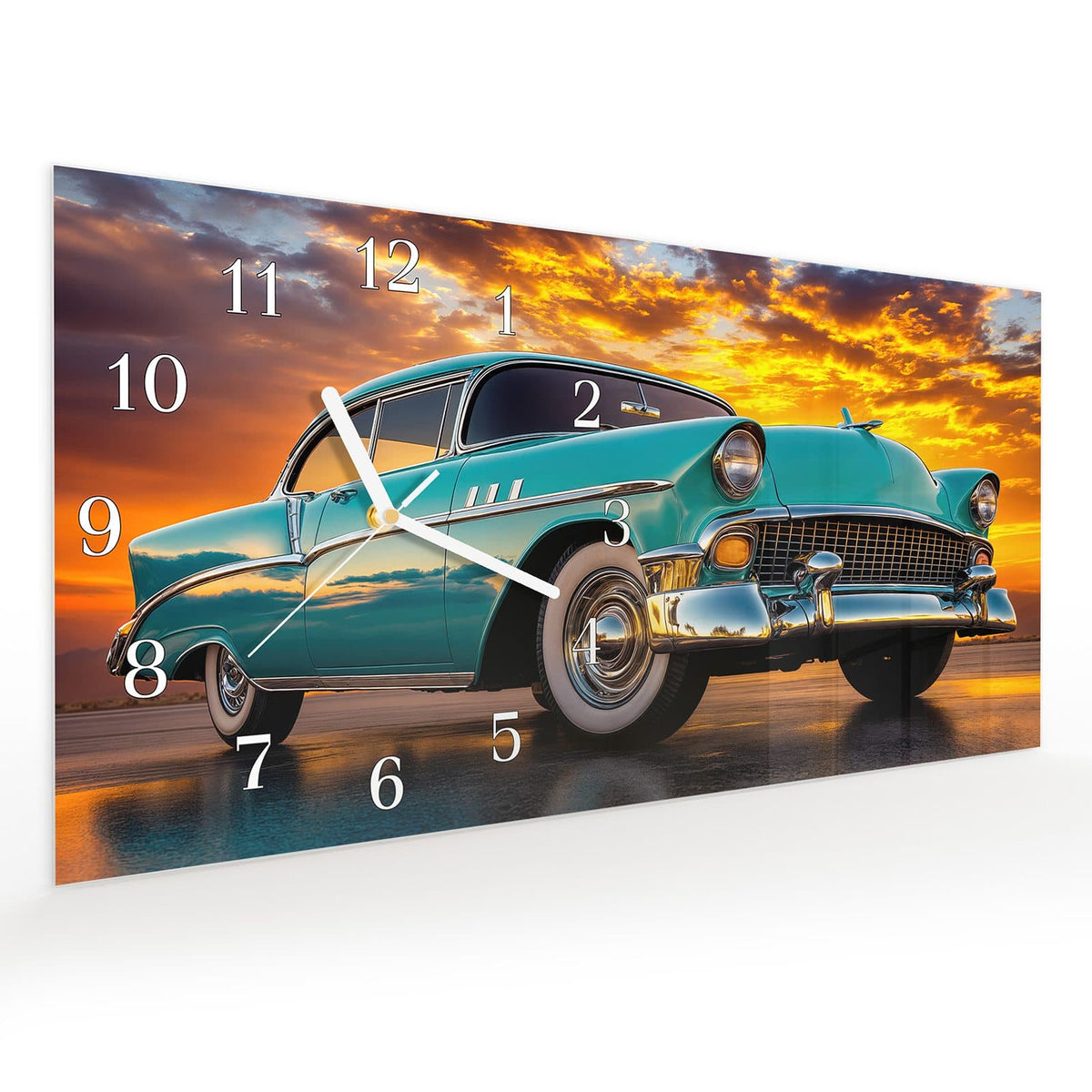 Vormontiert – mit Schwebeeffekt – Wanduhr Retro Oldtimer aus Glas – Querformat 60 × 30 cm