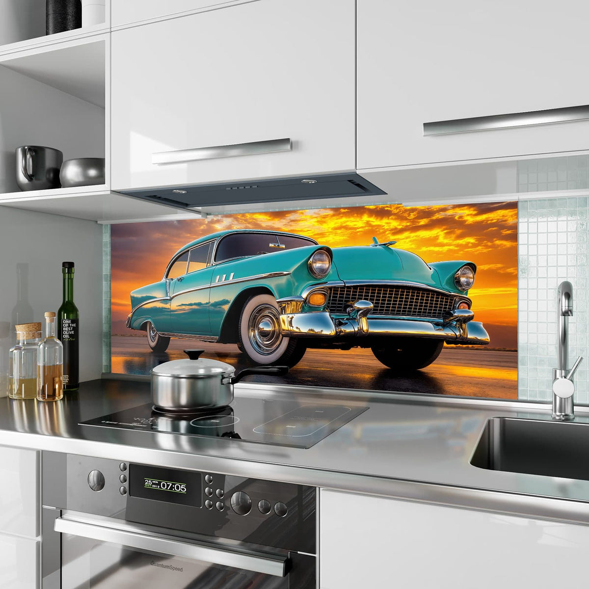 Küchenrückwand aus Glas Türkiser Oldtimer im Hochformat als Spritzschutz hinter dem Kochfeld, über dem Fliesenspiegel montiert