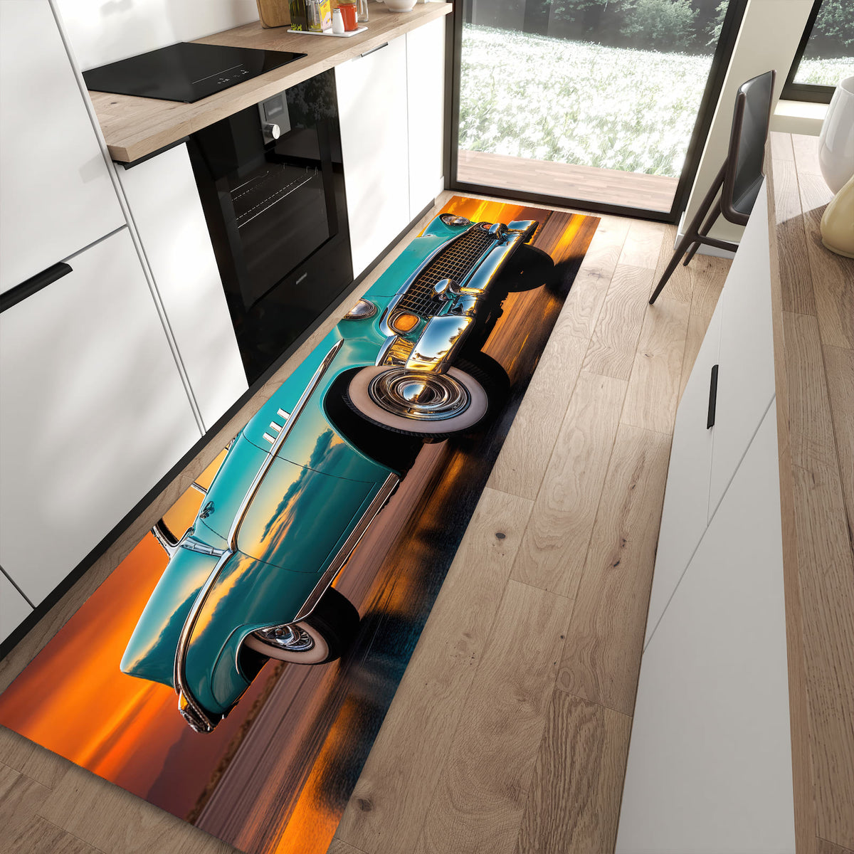 Waschbarer Küchenläufer mit Motiv Retro Oldtimer in moderner Küche