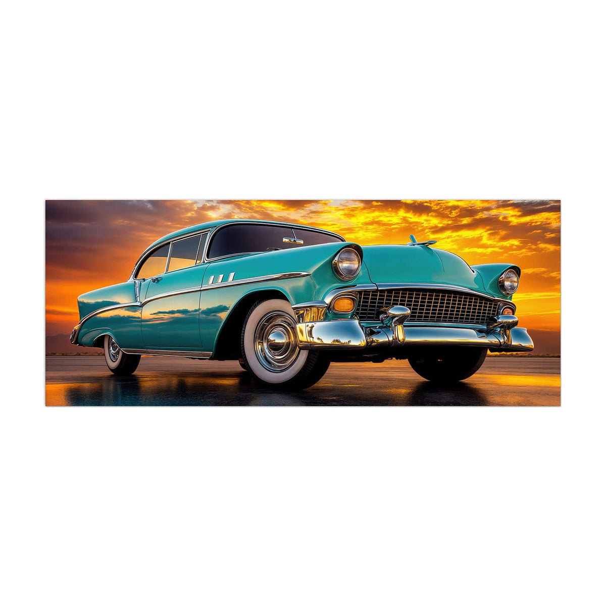 Küchenrückwand aus Glas Türkiser Oldtimer im Hochformat, Motiv bildfüllend von vorn