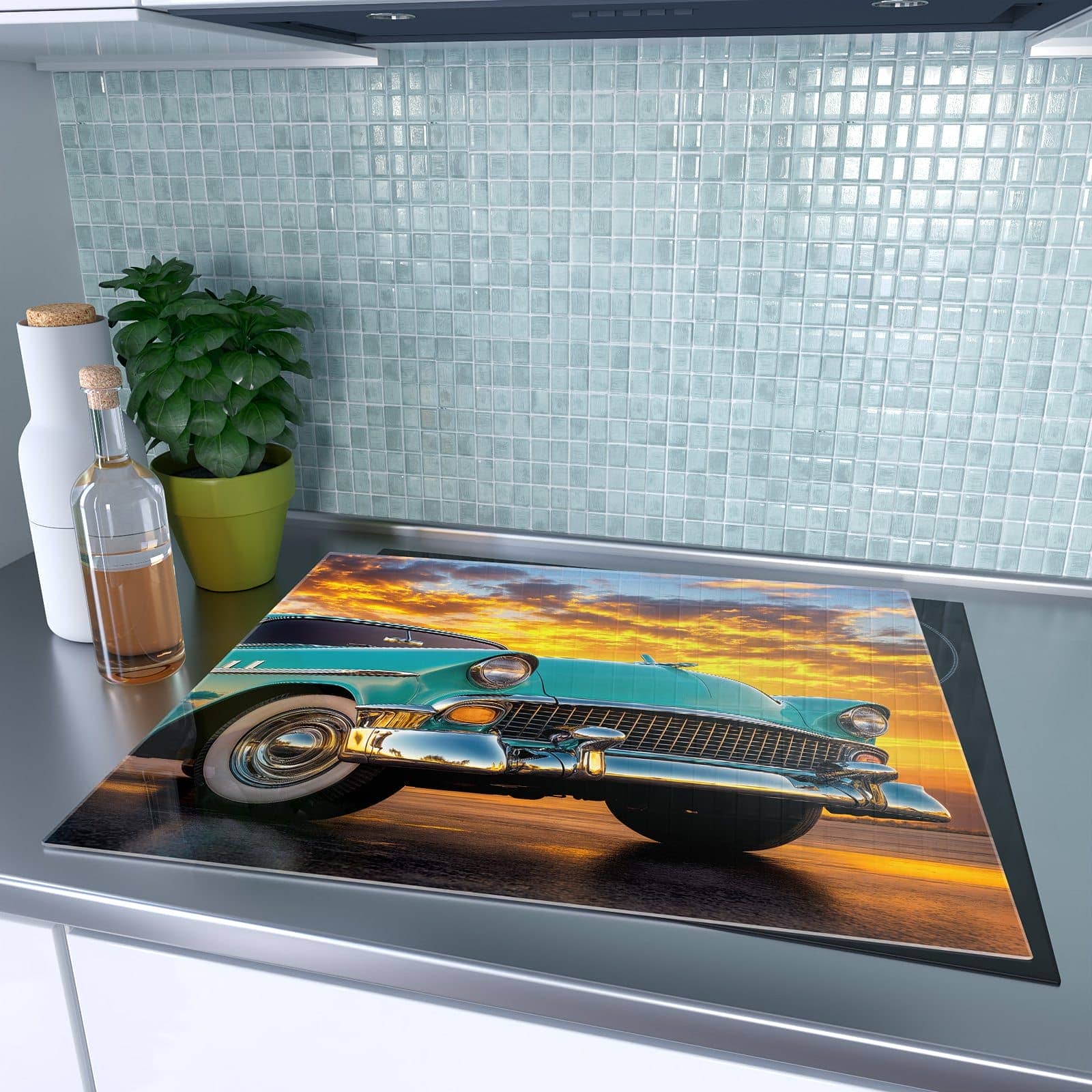 1-teilige Herdabdeckplatten mit Retro Oldtimer-Motiv auf dem Ceranfeld