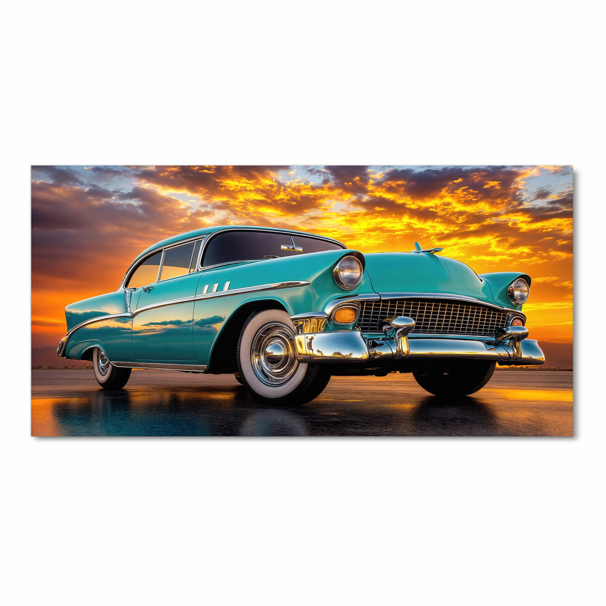 Bodenschonender Teppich fürs Esszimmer mit Motiv Retro Oldtimer in Frontansicht, waschbar