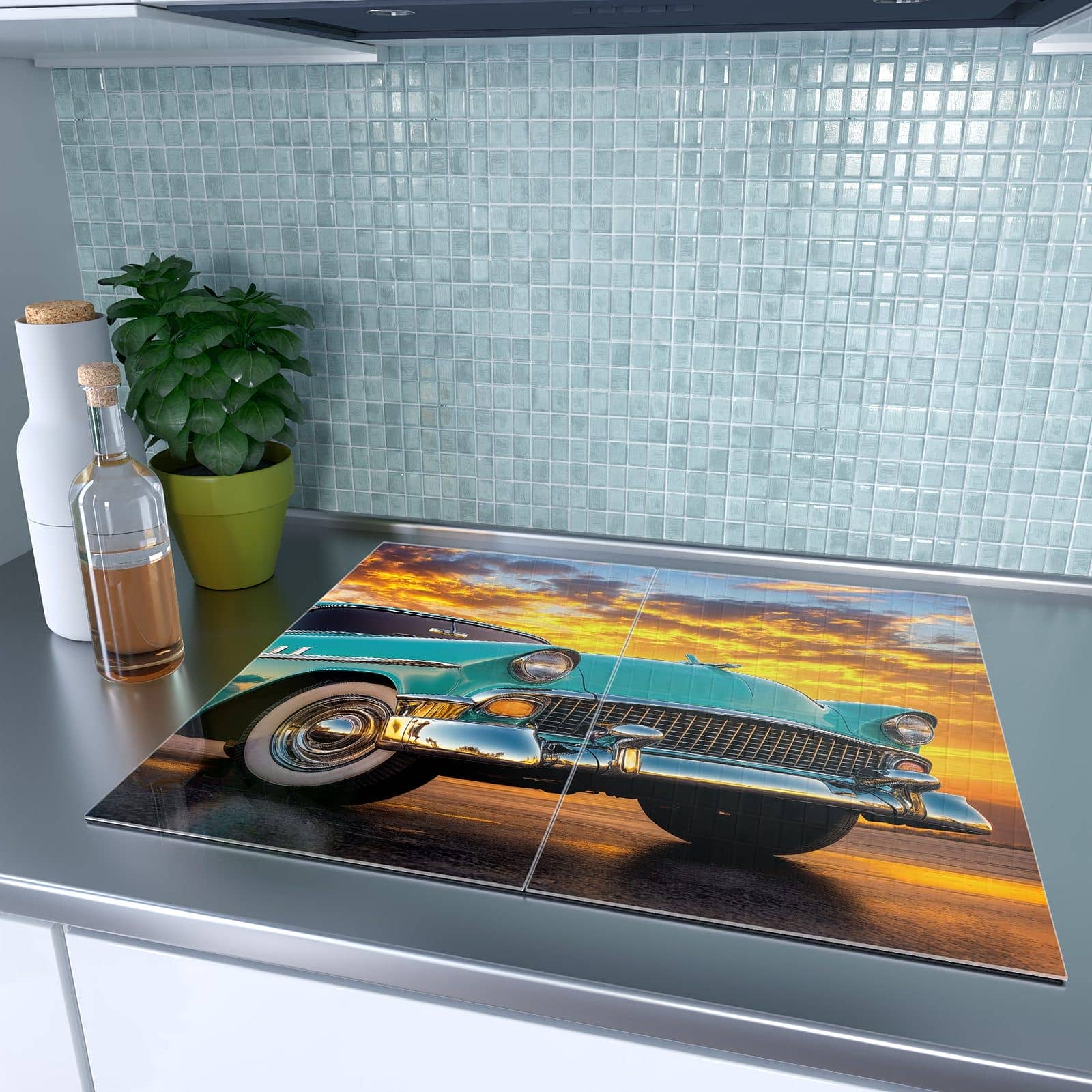 2-teilige Glasplatte für Herd mit Retro Oldtimer-Motiv auf dem Ceranfeld