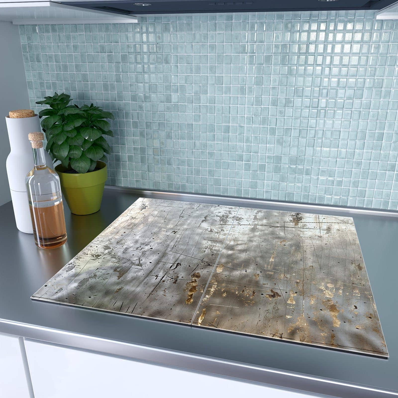 2-teilige Glasabdeckplatte für Ceranfeld mit Metallische Kratztextur-Motiv auf dem Ceranfeld