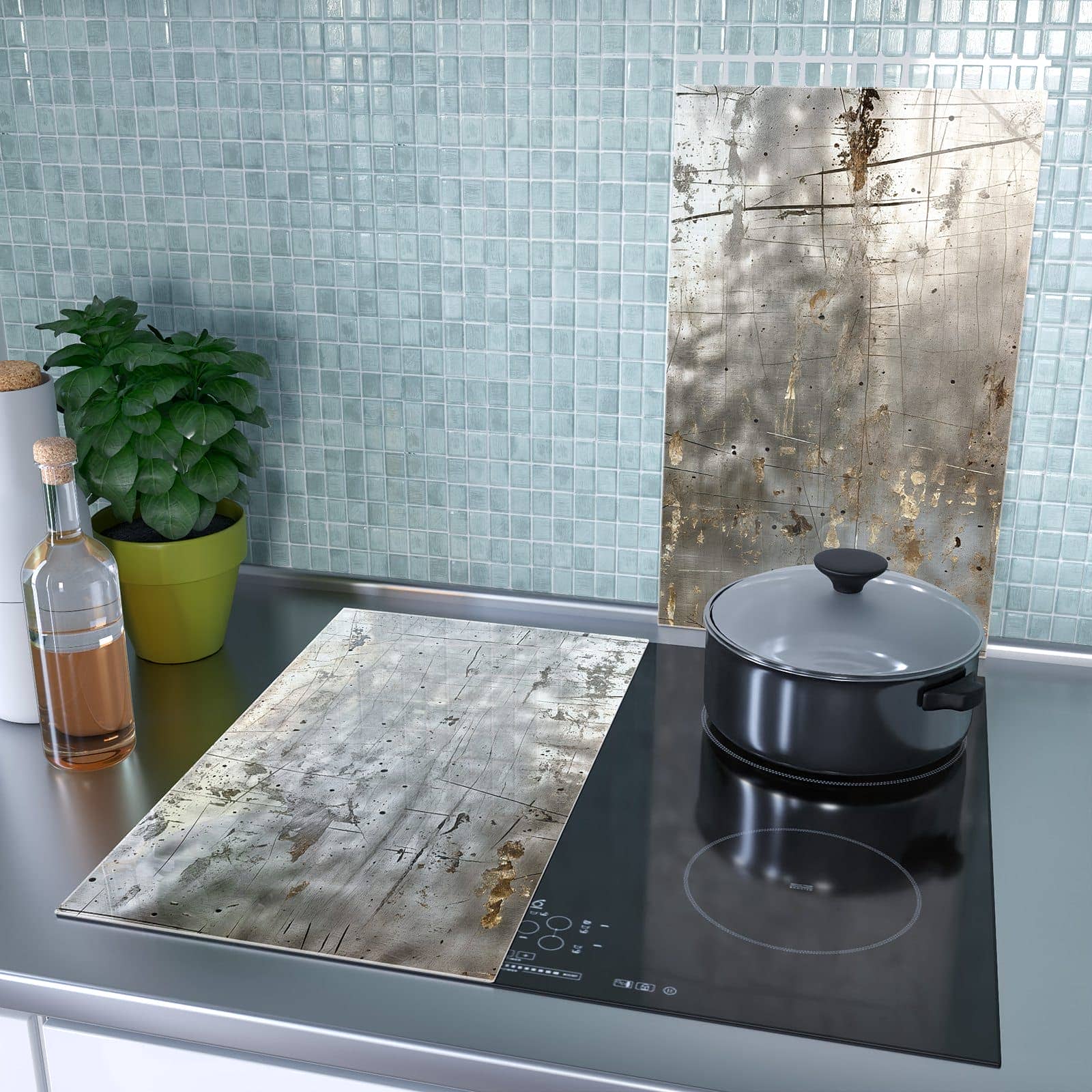 2-teilige Abdeckplatten für Herd mit Metallische Kratztextur-Motiv als Spritzschutz hinter dem Kochfeld