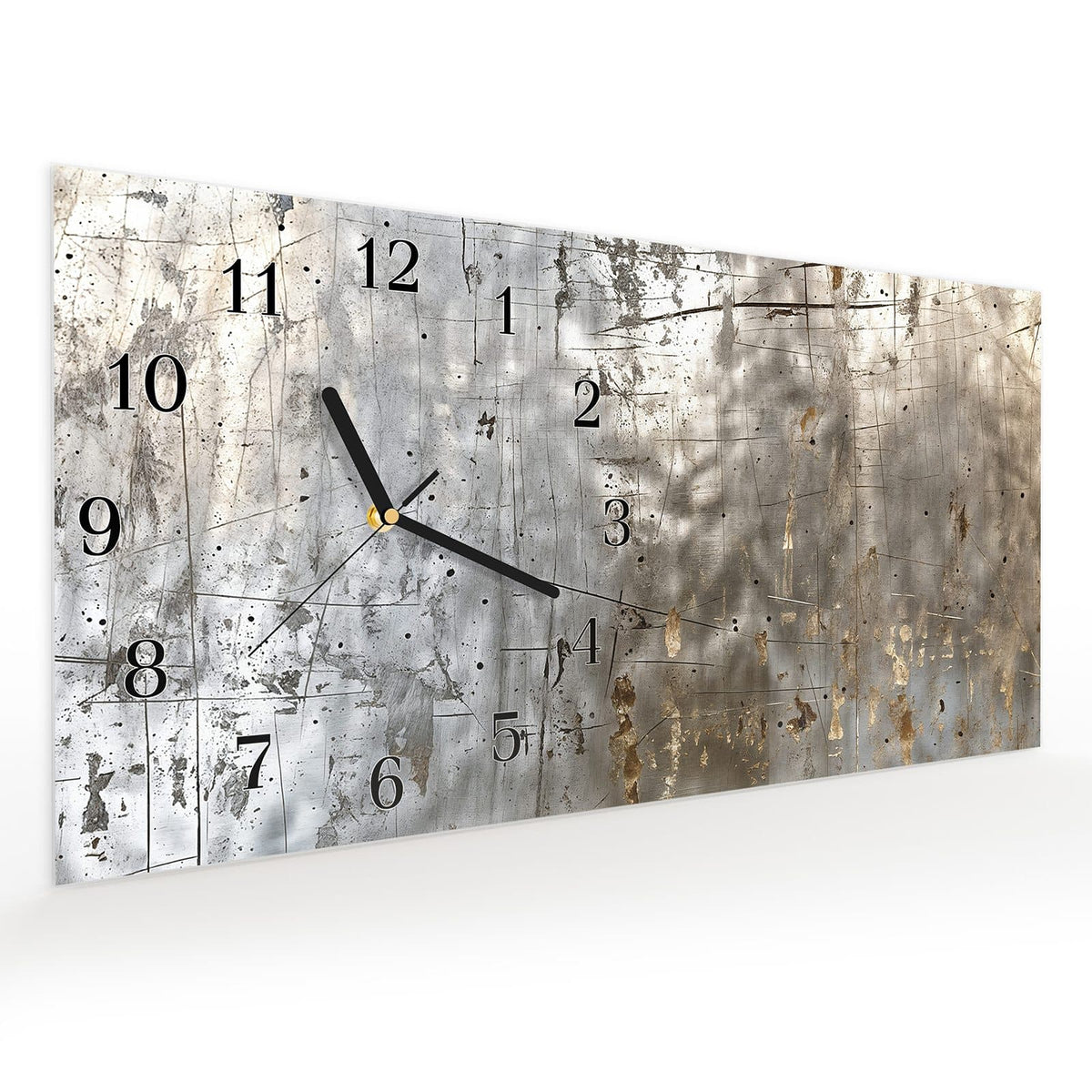 Vormontiert – mit Schwebeeffekt – Wanduhr Metallische Kratztextur aus Glas – Querformat 60 × 30 cm