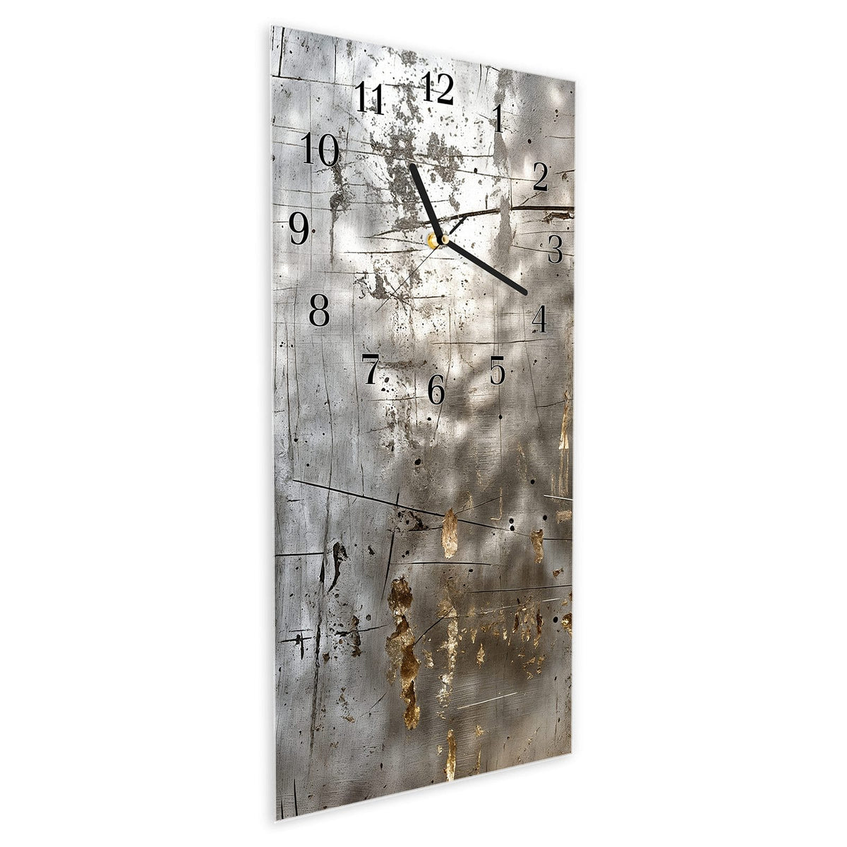 Vormontiert – mit Schwebeeffekt – Wanduhr Metallische Kratztextur aus Glas – Hochformat 30 × 60 cm