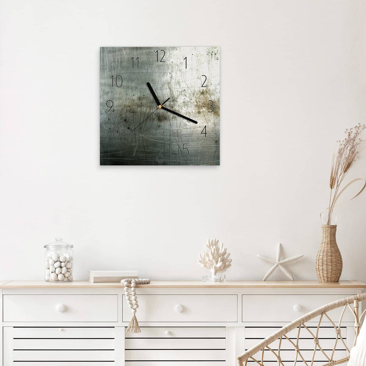 Wanduhr Zerkratzter Stahl aus Glas – Quadratisch 30 × 30 cm – Zerkratzte Metallfläche mit Rostschleiern