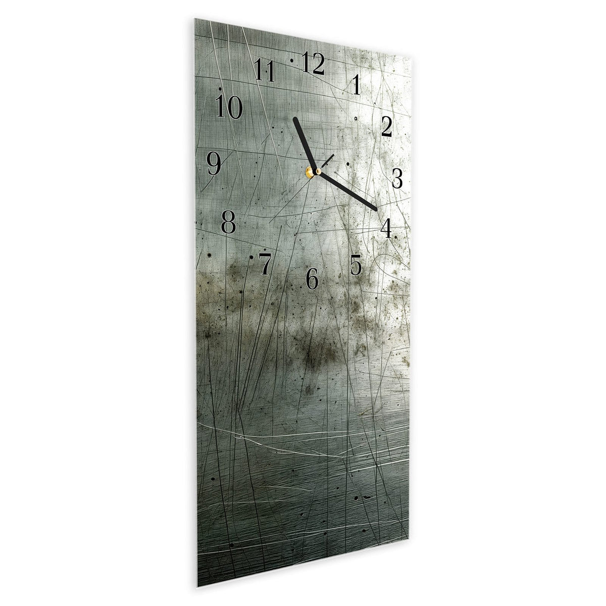 Wanduhr aus Glas im Hochformat Zerkratzter Stahl schräg von der Seite, 4 mm starkes Glas