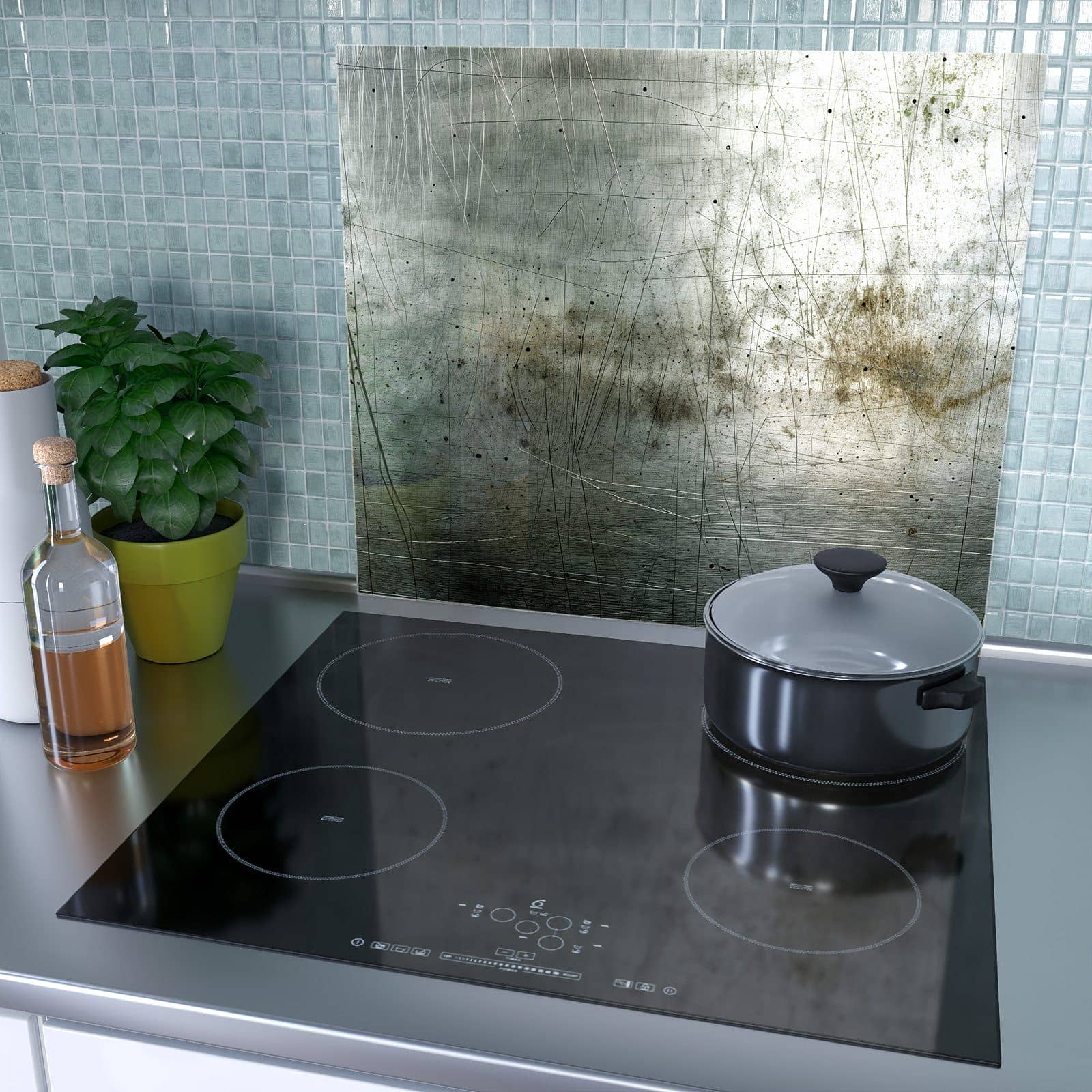 1-teilige Herdabdeckplatte mit Gebrauchtes Metall-Motiv als Spritzschutz hinter dem Kochfeld