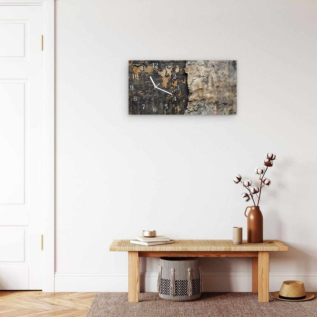 Moderne Wanduhr aus Glas mit Farbtiefe – Wanduhr Raue Oberfläche aus Glas – Querformat 60 × 30 cm