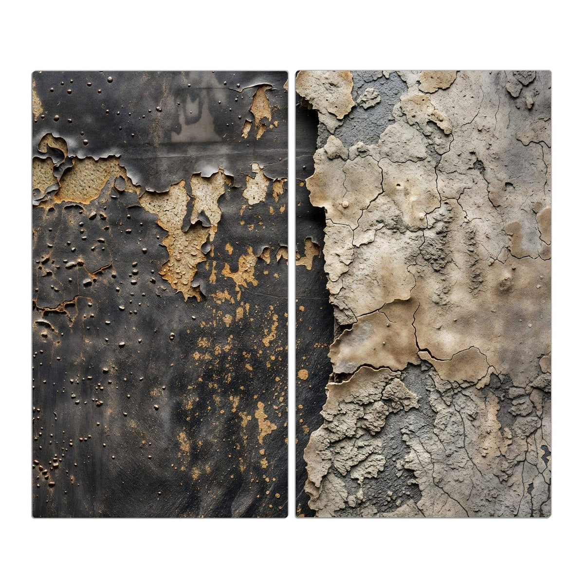 Links dunkles Metall mit Rostflecken, rechts grob aufgerissener, bröckelnder heller Putz
