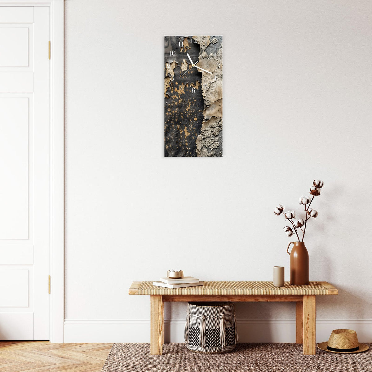 Moderne Wanduhr aus Glas mit Farbtiefe – Wanduhr Raue Oberfläche aus Glas – Hochformat 30 × 60 cm