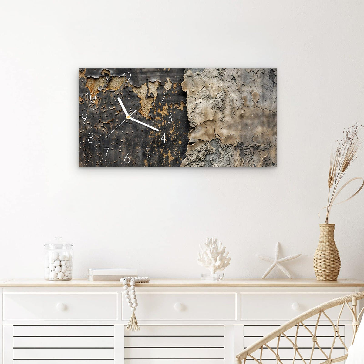 Wanduhr Raue Oberfläche aus Glas – Querformat 60 × 30 cm – Abblätternde Risse in Ocker und Grau