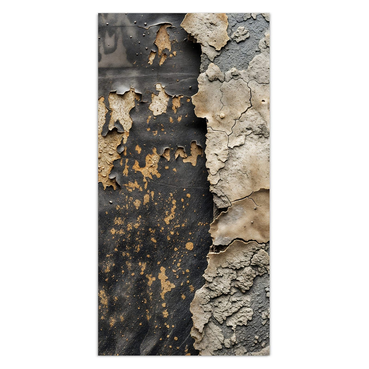 Links dunkles Metall mit Rostflecken, rechts grob aufgerissener, bröckelnder heller Putz