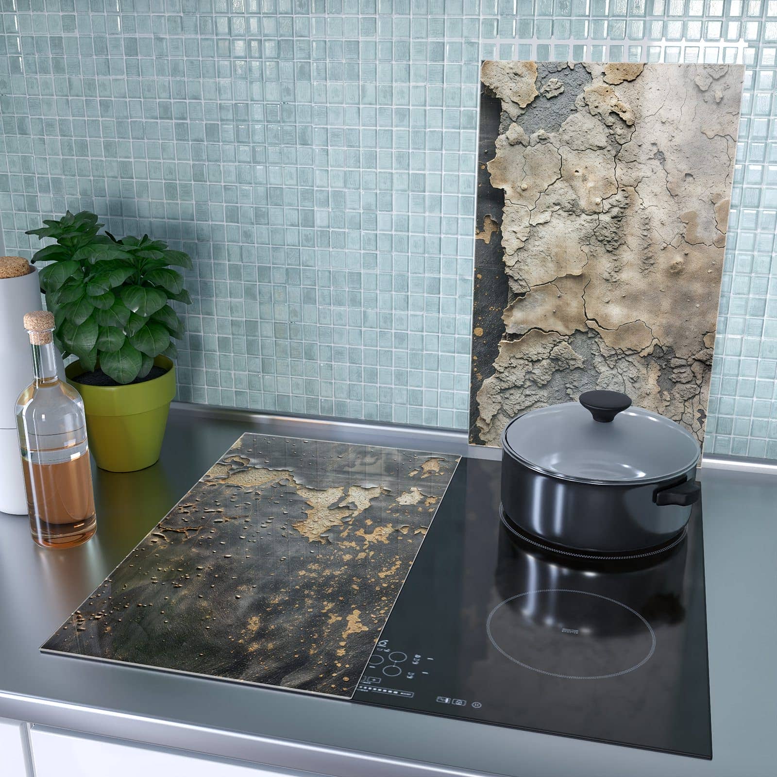 2-teilige Abdeckung für Herdplatten mit Verwitterte Oberfläche-Motiv als Spritzschutz hinter dem Kochfeld