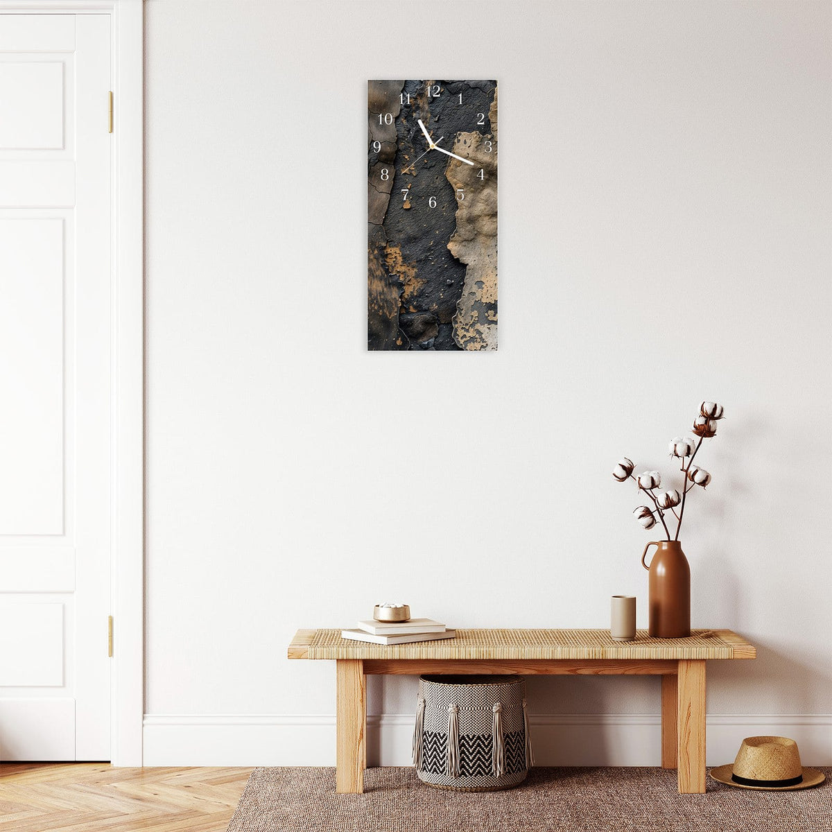 Moderne Wanduhr aus Glas mit Farbtiefe – Wanduhr Blätternde Farbe aus Glas – Hochformat 30 × 60 cm