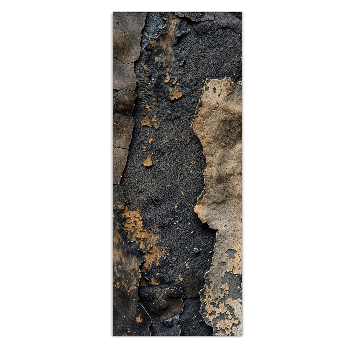 Links schwarze rissige Farbschicht, rechts abgeplatzte sandfarbene Schicht darüber