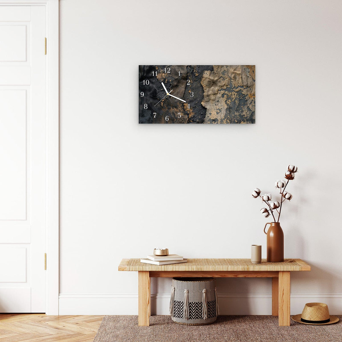 Moderne Wanduhr aus Glas mit Farbtiefe – Wanduhr Blätternde Farbe aus Glas – Querformat 60 × 30 cm