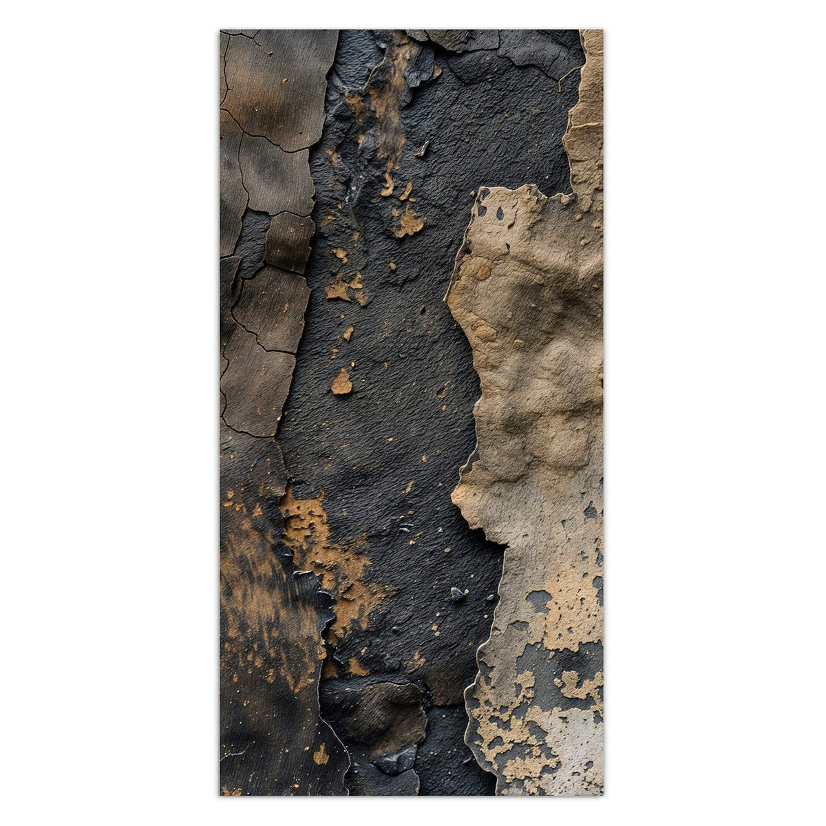 Links schwarze rissige Farbschicht, rechts abgeplatzte sandfarbene Schicht darüber