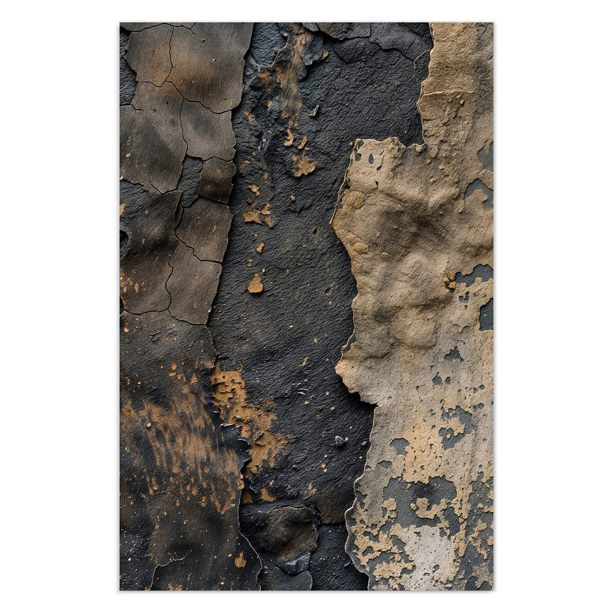Links schwarze rissige Farbschicht, rechts abgeplatzte sandfarbene Schicht darüber