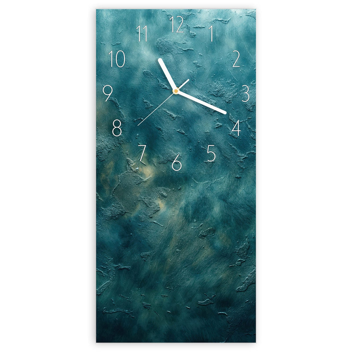 Wanduhr aus Glas, Ziffernblatt Elegant: Tiefe petrol-türkise Struktur mit Lichtschleiern, wirkt wie Blick in bewegtes Wasser #ziffernblatt_Elegant