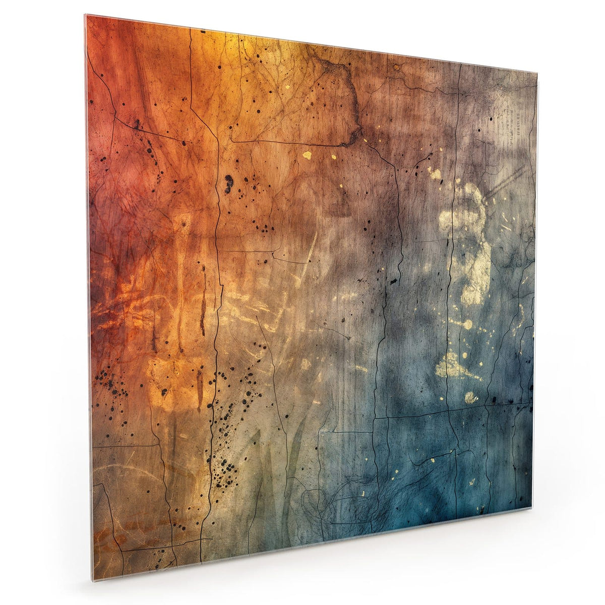 Küchenrückwand aus Glas im quadratischen Format mit Motiv Rostrot und Blaugrau: Verwitterte Fläche mit Verlauf von Orangerot links nach Blaugrau rechts #grösse_40 x 40 cm #grösse_50 x 50 cm #grösse_60 x 60 cm