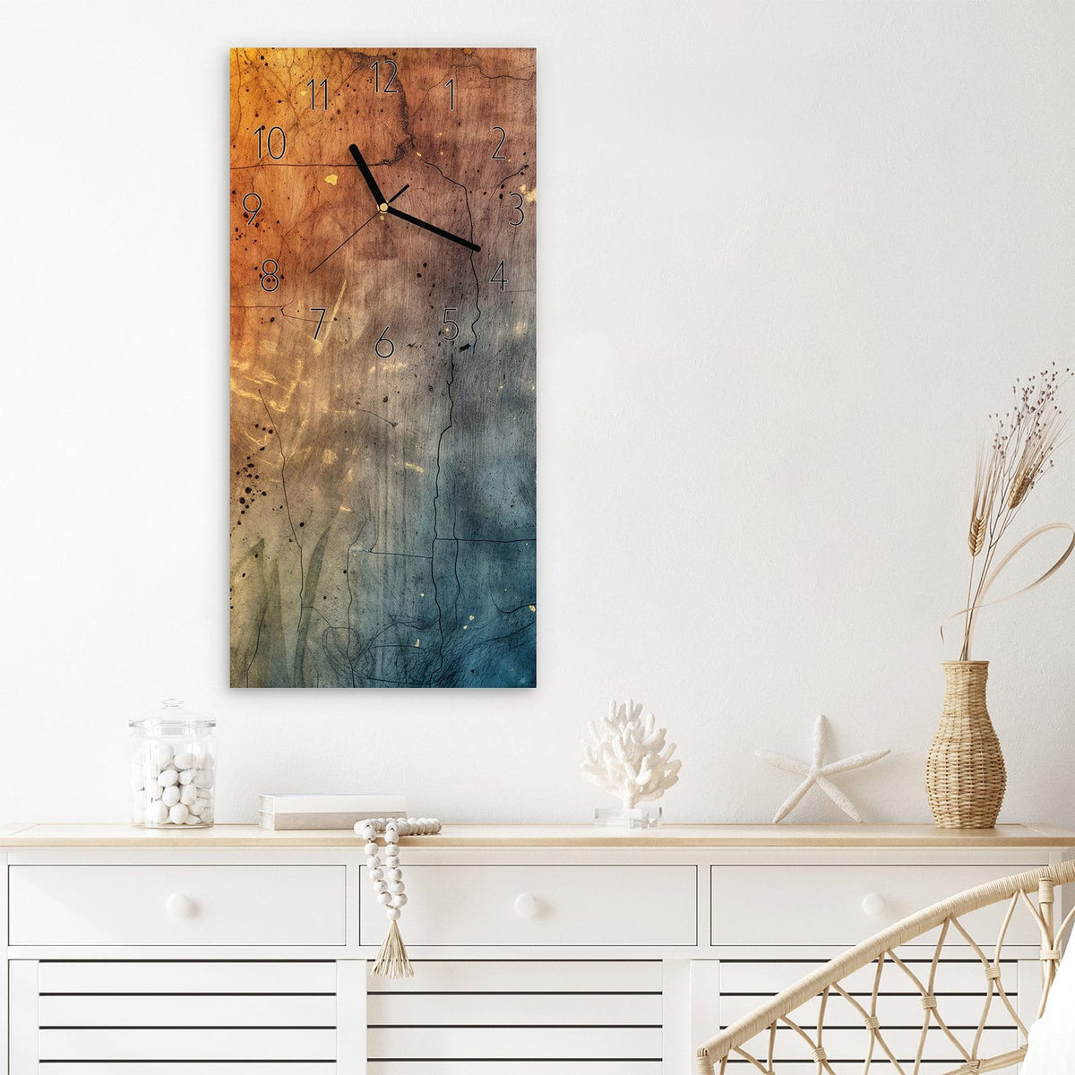 Wanduhr Rostrot und Blaugrau aus Glas – Hochformat 30 × 60 cm – Warmes Orange trifft kühles Blaugrau