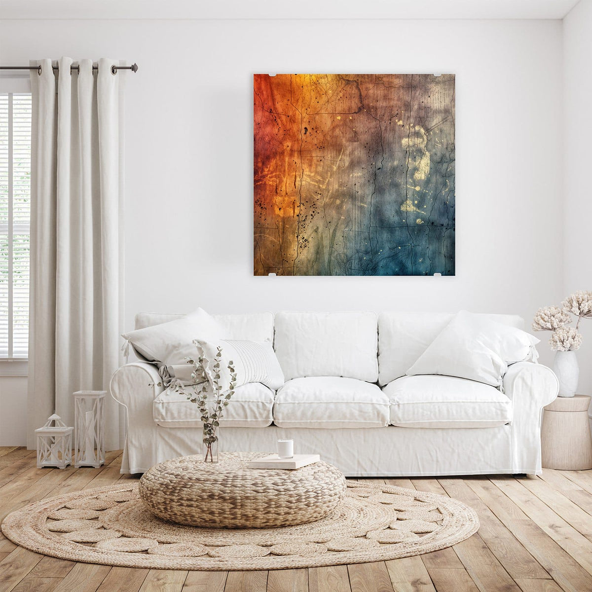 Glasbild Rostrot und Blaugrau an der Wand – Verwitterte Fläche mit Verlauf von Orangerot links nach Blaugrau rechts, feine schwarze Risse und helle Spritzer