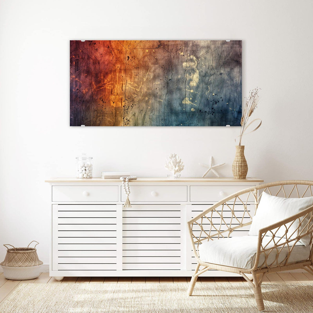 Echtglas, 4 mm – kein Acryl, keine Folie – Wandbild - Rostrot und Blaugrau - Querformat