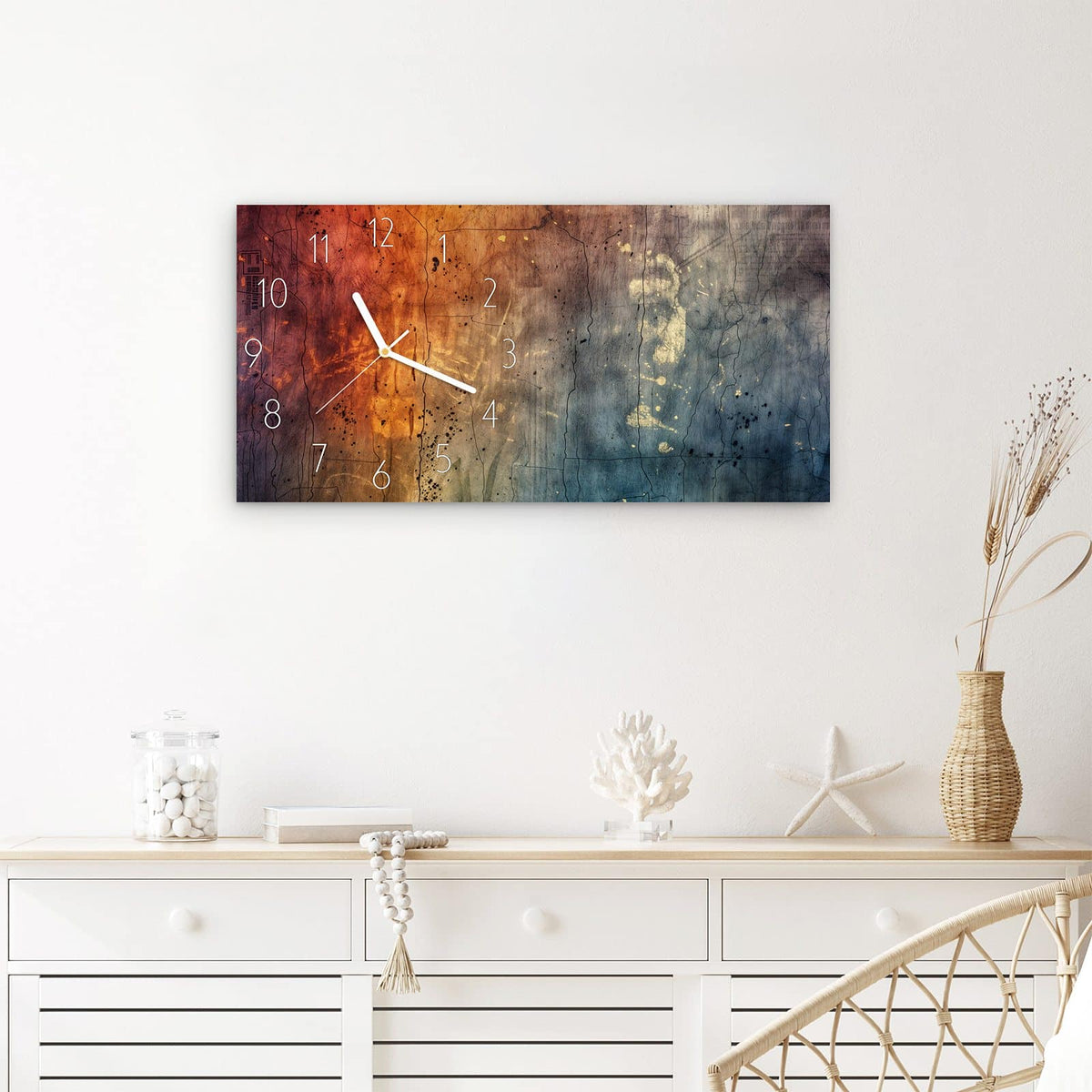 Wanduhr Abstrakte Farbkarte aus Glas – Querformat 60 × 30 cm – Warmes Orange trifft kühles Blaugrau