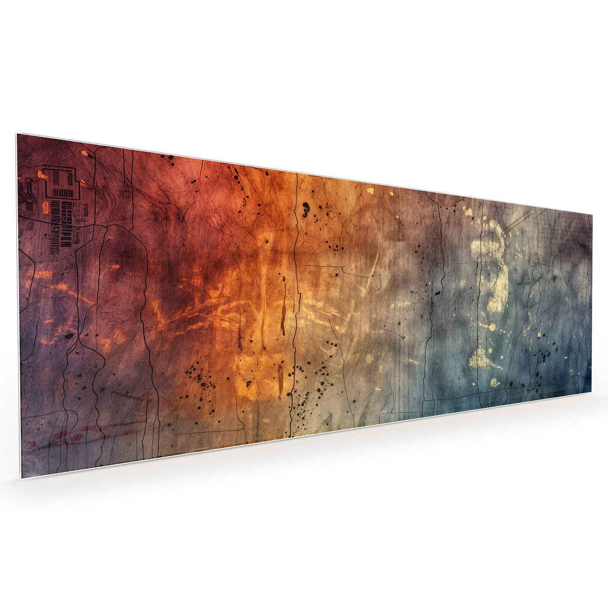 Küchenrückwand aus Glas im Hochformat mit Motiv Rostrot und Blaugrau: Verwitterte Fläche mit Verlauf von Orangerot links nach Blaugrau rechts #grösse_40 x 100 cm #grösse_50 x 125 cm #grösse_60 x 150 cm