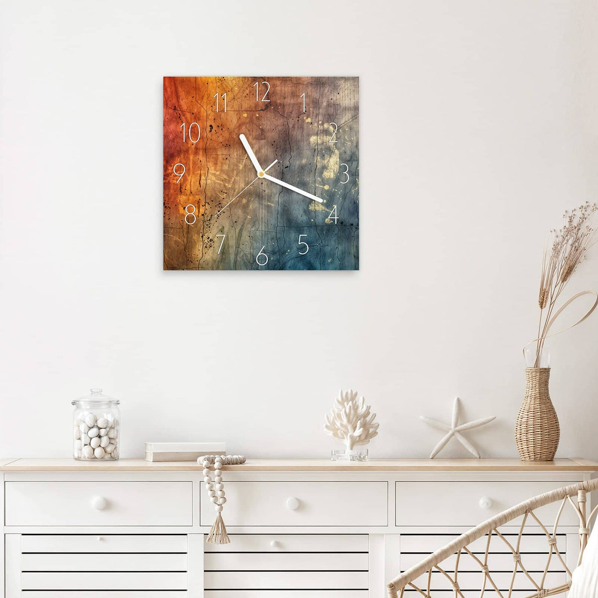 Wanduhr Rostrot und Blaugrau aus Glas – Quadratisch 30 × 30 cm – Warmes Orange trifft kühles Blaugrau