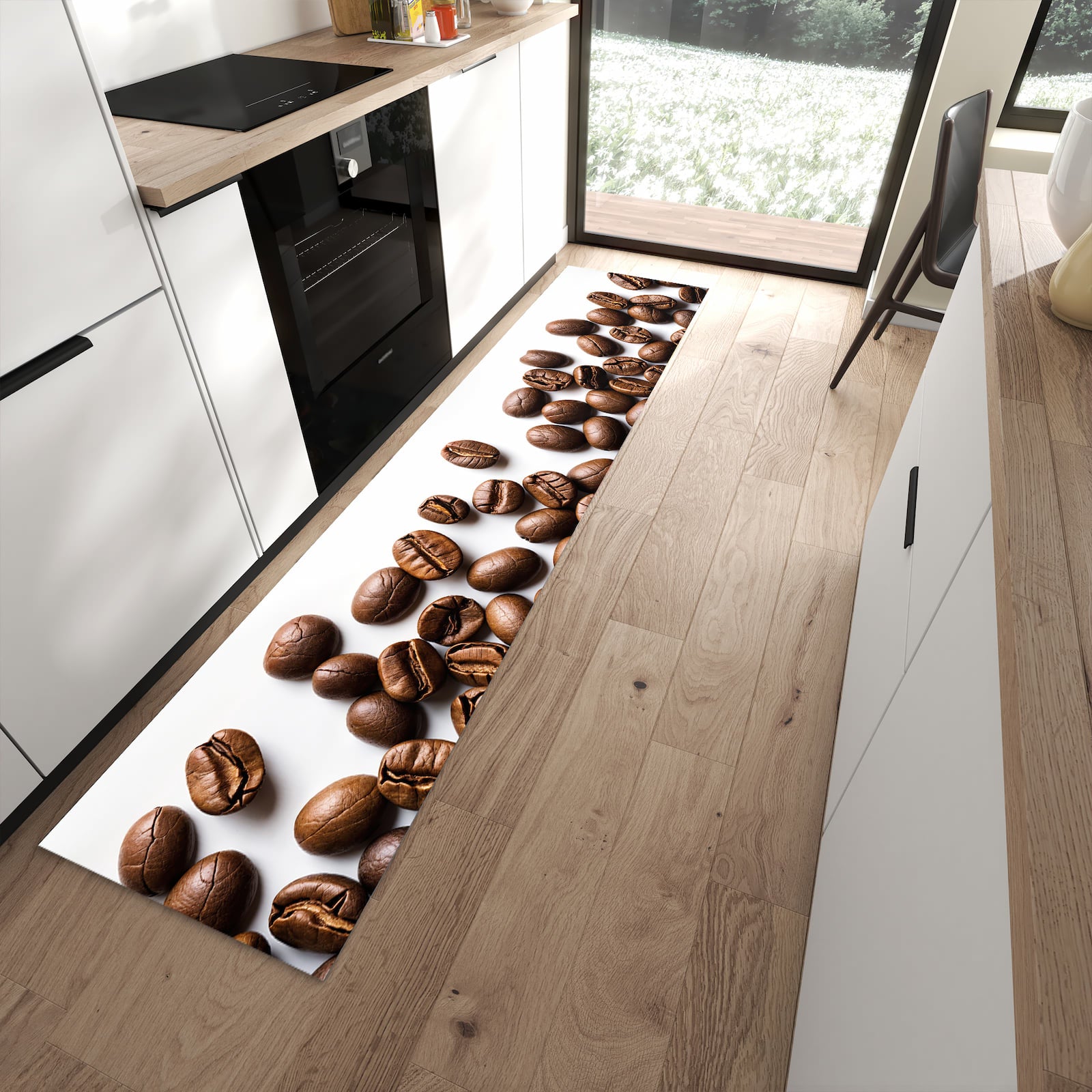 UV-beständiger waschbarer Teppich für Esstisch mit Motiv Warme Kaffeebohnen in moderner Küche