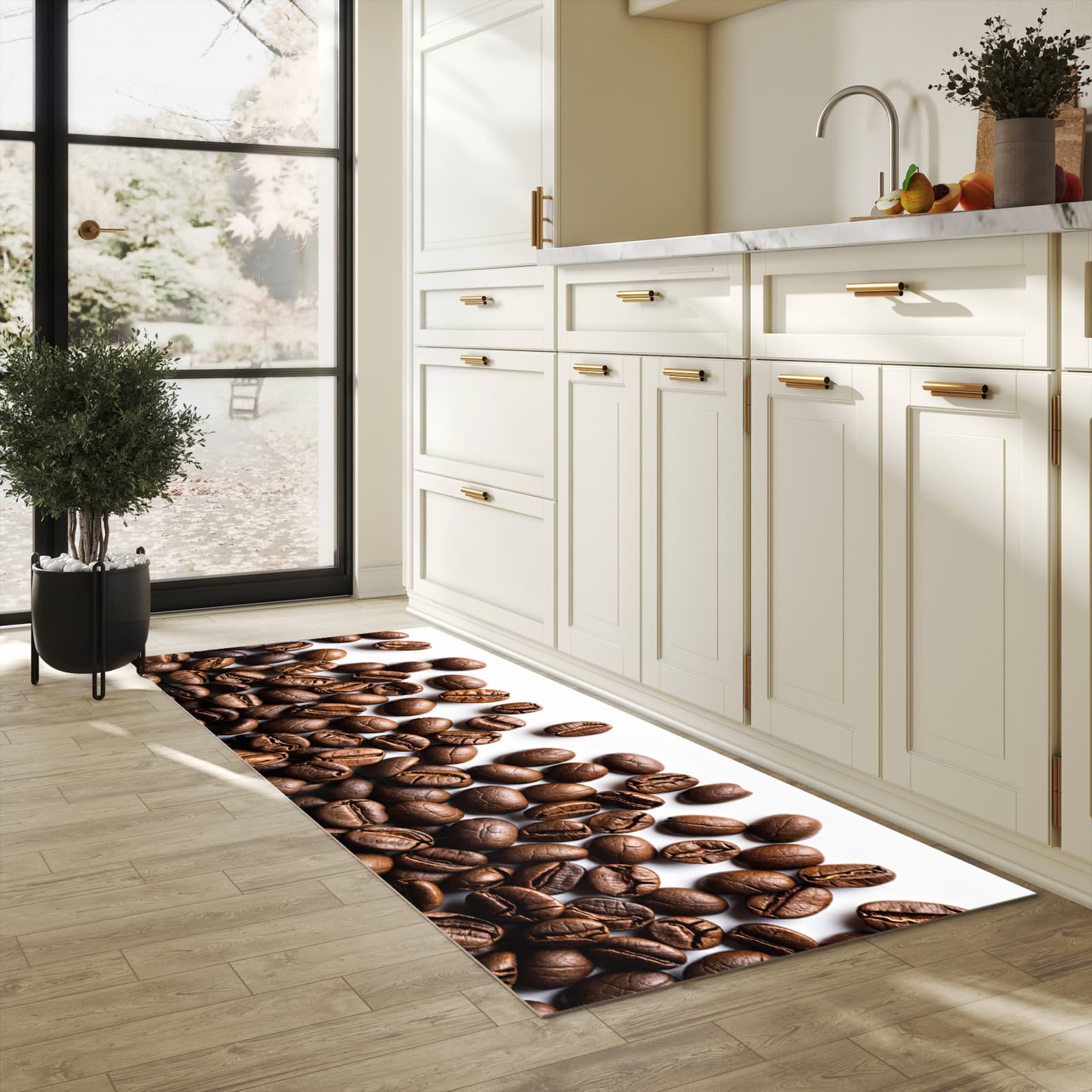 Läufer für die Küche mit Motiv Warme Kaffeebohnen in heller Küche für Ordnung