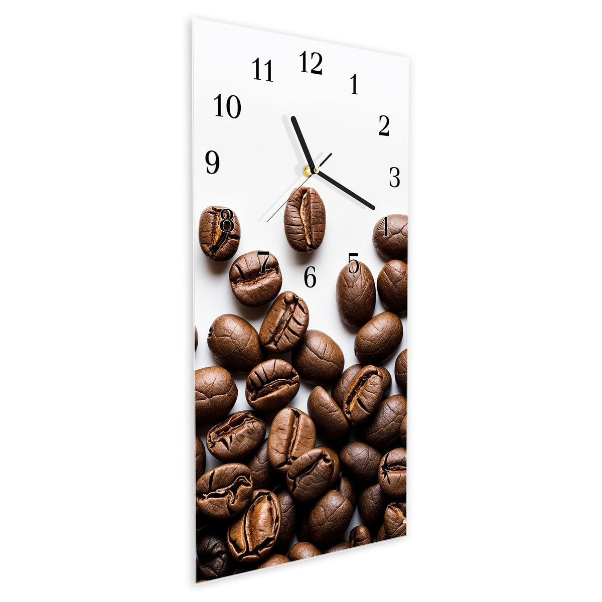 Vormontiert – mit Schwebeeffekt – Wanduhr Warme Kaffeebohnen aus Glas – Hochformat 30 × 60 cm