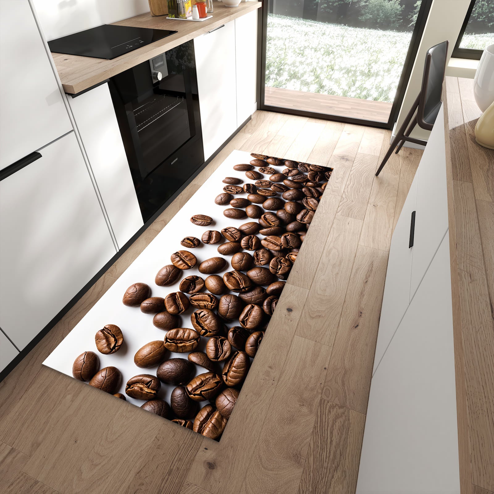 Fleckenresistenter Bodenläufer mit Motiv Warme Kaffeebohnen in moderner Küche