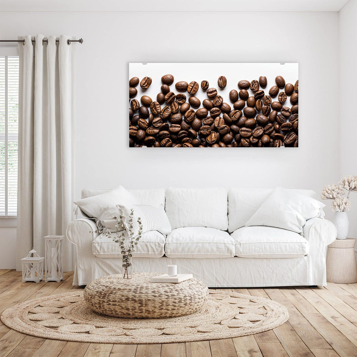 Wandbild - Röstbohnen auf Weiß - Querformat – Kaffeebohnen verstreut auf Weiß