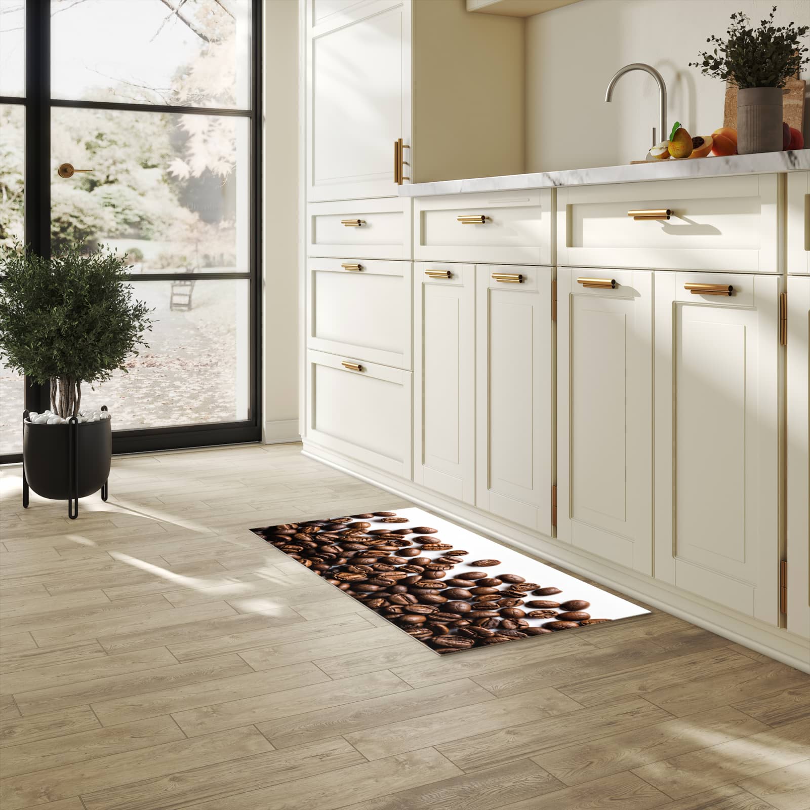 Pflegeleichter waschbarer Küchenläufer mit Motiv Warme Kaffeebohnen in heller Küche