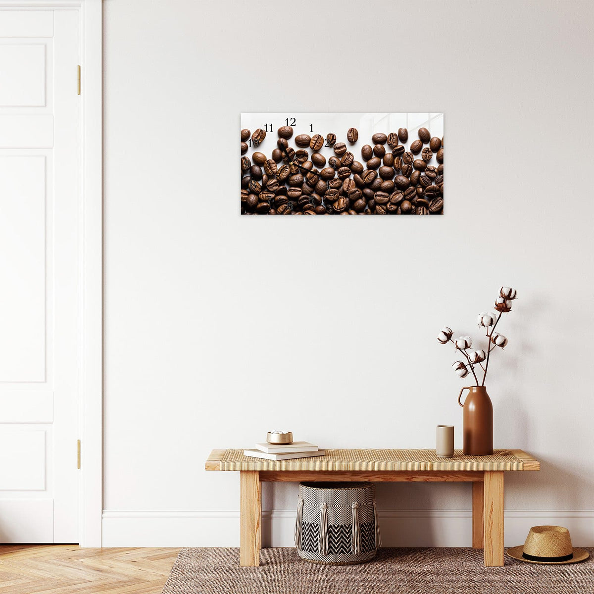 Moderne Wanduhr aus Glas mit Farbtiefe – Wanduhr Warme Kaffeebohnen aus Glas – Querformat 60 × 30 cm
