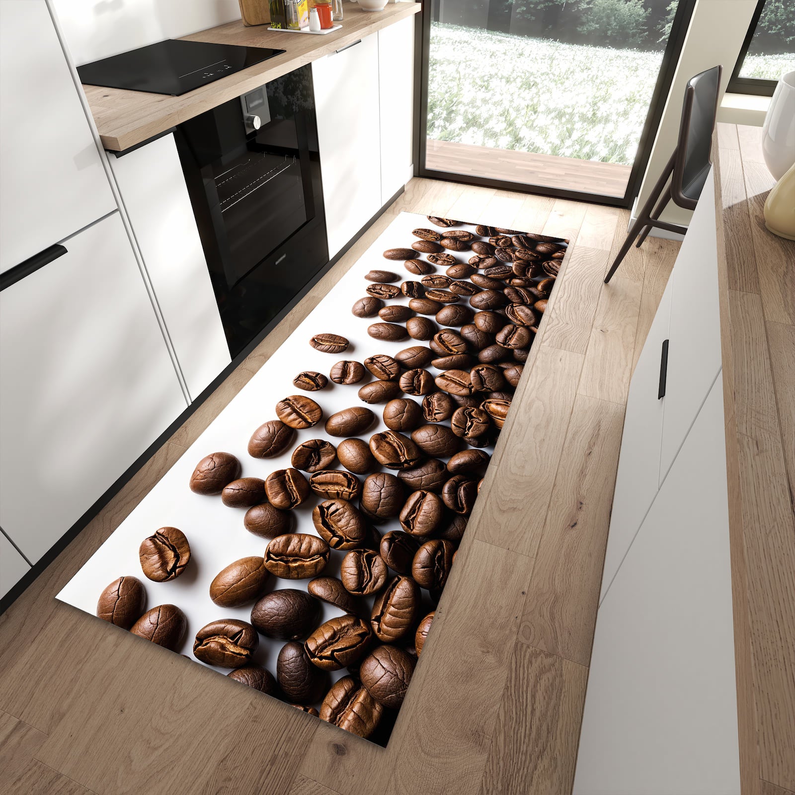 Pflegeleichter Küchenteppich mit Motiv Warme Kaffeebohnen in moderner Küche