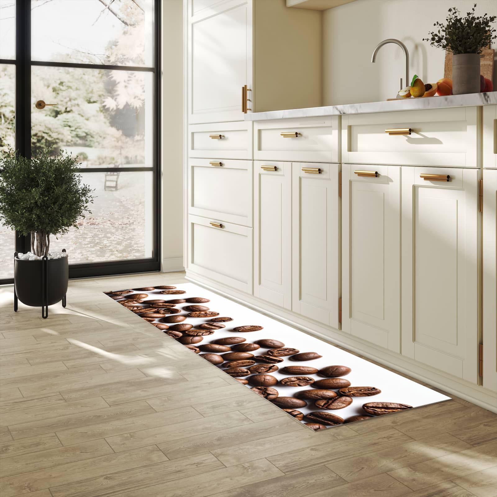 Abwaschbarer Küchenteppich mit Motiv Warme Kaffeebohnen in heller Küche
