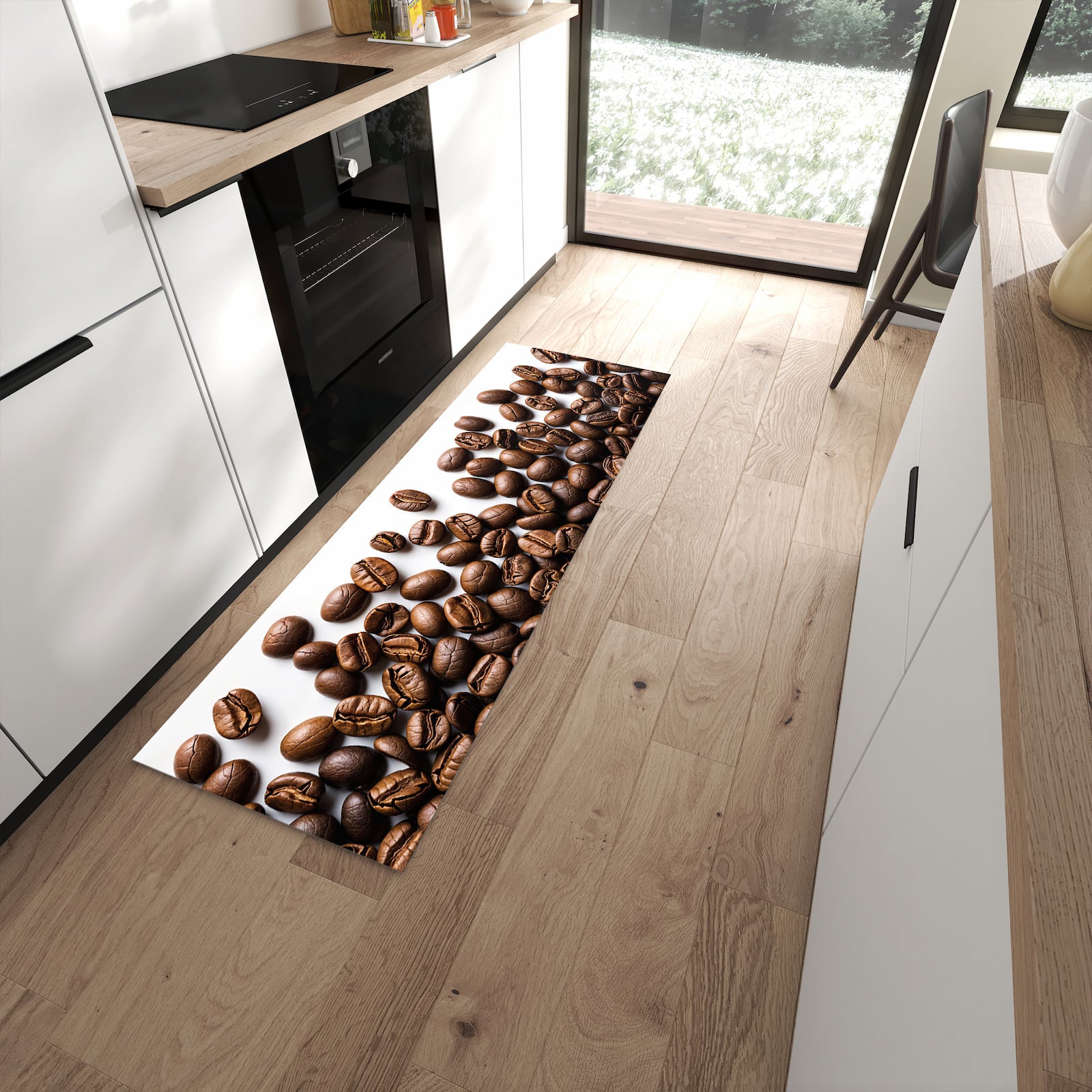 Geräuschdämpfender dünner Küchenteppich mit Motiv Warme Kaffeebohnen in moderner Küche