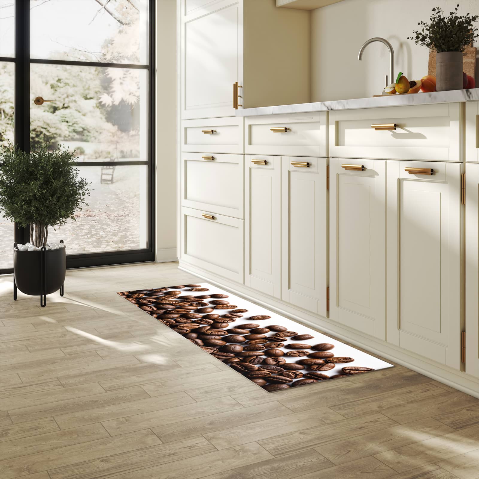 Rutschhemmender Küchenläufer mit Motiv Warme Kaffeebohnen in heller Küche