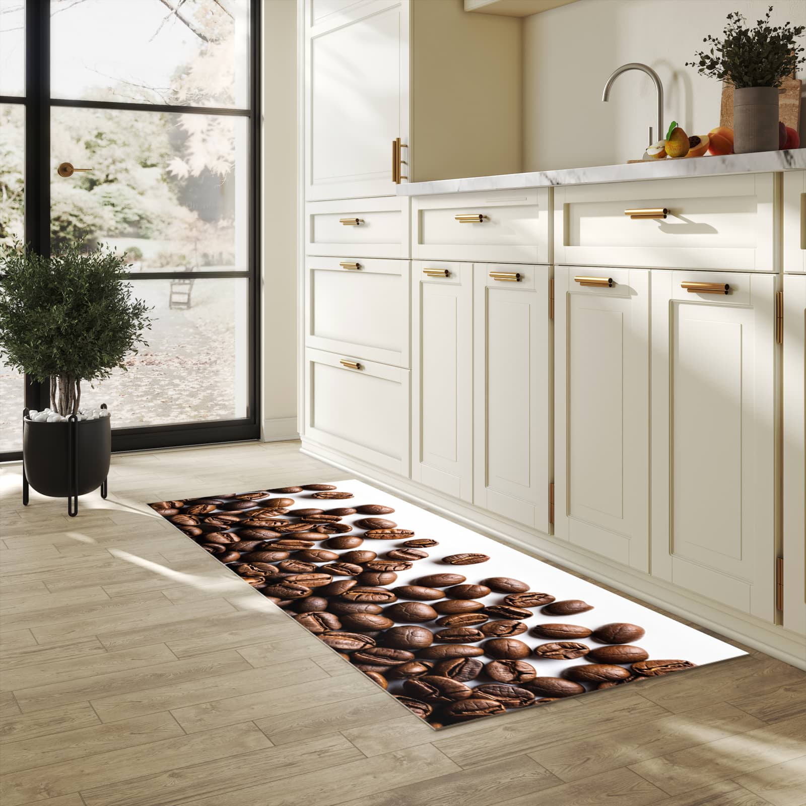 Waschbarer Küchenteppich mit Motiv Warme Kaffeebohnen in heller Küche